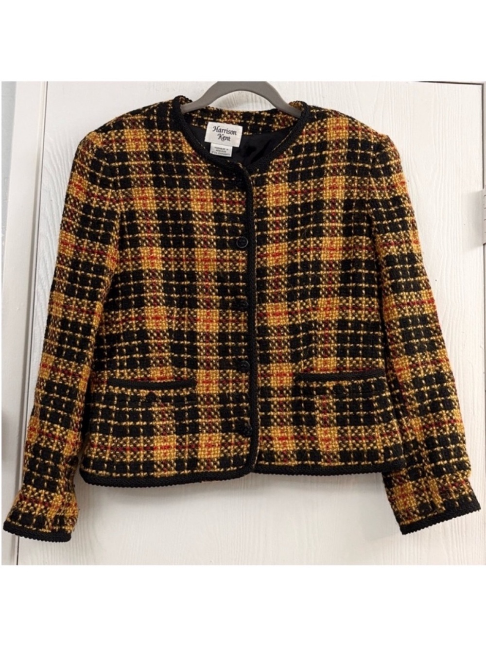 Harrison Kent Wool Blend Black & Mustard Plaid Tweed Jacket Size 10